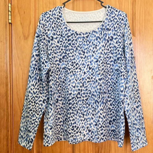 Navy blue leopard print top, Kim Rogers top, Kim Rogers Tee, Size L shirt - Picture 1 of 5